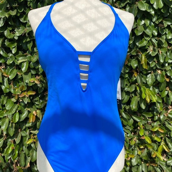 NWT La Blanca Women's One PIece Swimsuit Size 14 Blue Strappy Plunge - Picture 3 of 8